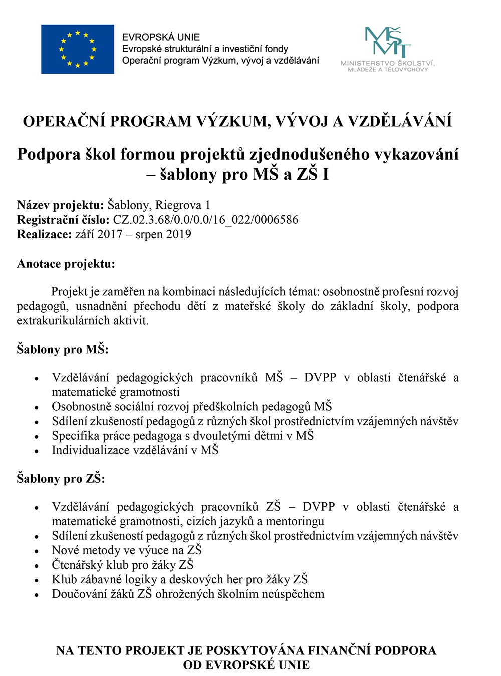 Operační program podpora škol formou projektů zjednodušeného vykazování